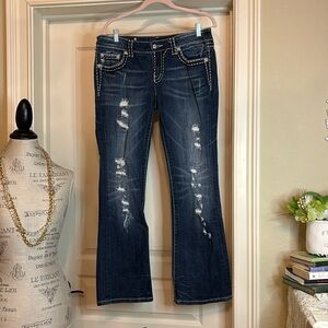 Miss Me Dark Blue Boot Cut Jeans with Distressed Detailing